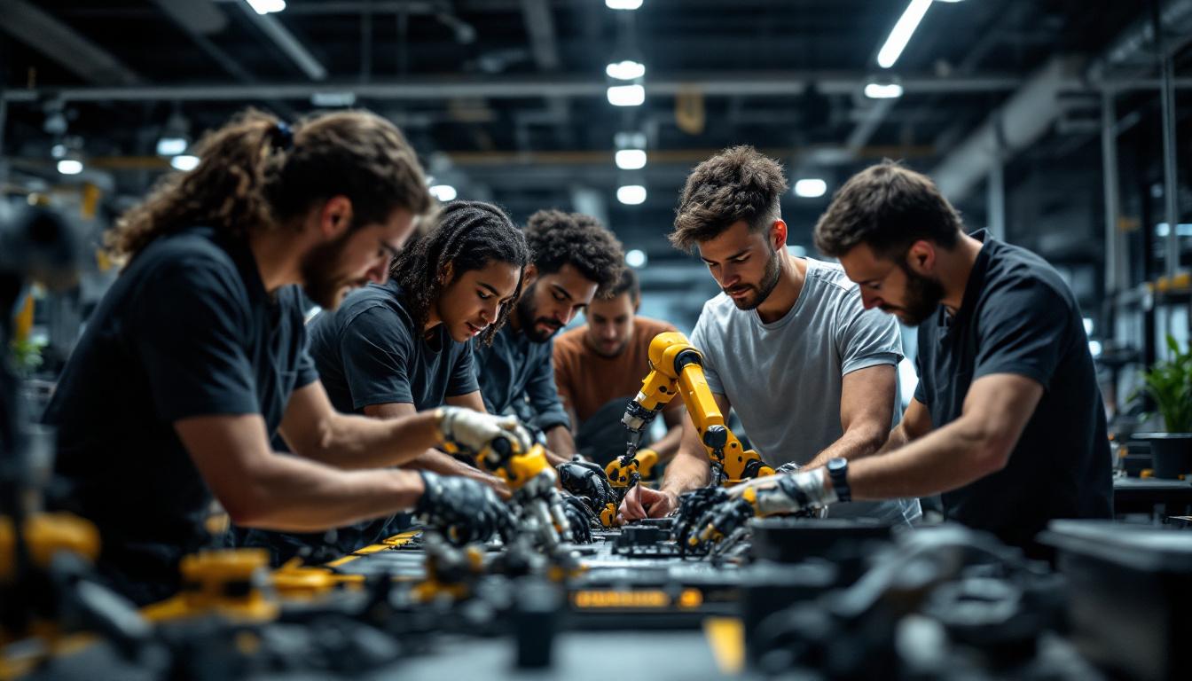A photograph of capture a photograph of a diverse group of interns engaged in hands-on work with industrial robots in a modern boston workspace