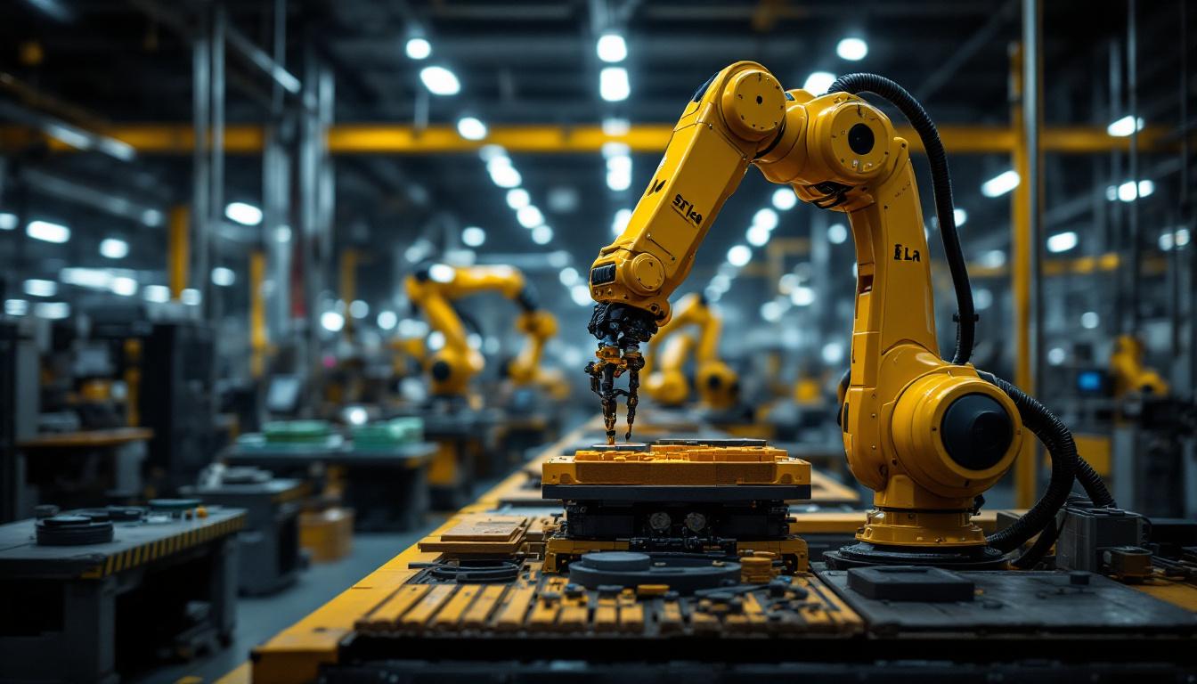 A photograph of a dynamic industrial setting showcasing a stretch la robotic arm in action