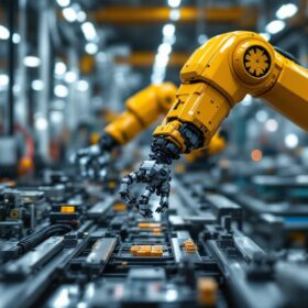 A photograph of a modern manufacturing facility showcasing industrial robots in action