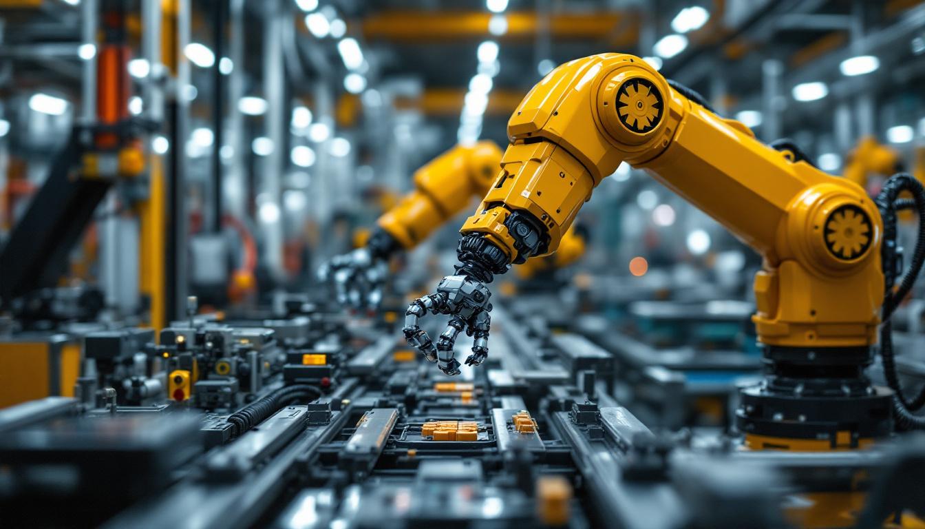 A photograph of a modern manufacturing facility showcasing industrial robots in action
