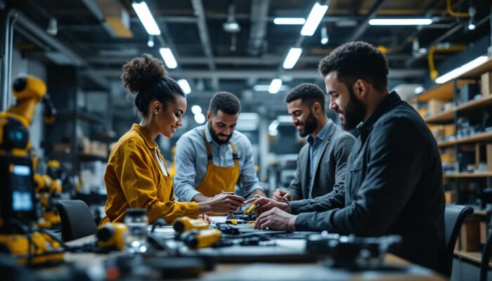 A photograph of a diverse group of professionals collaborating in a modern workspace