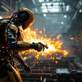 A photograph of a dynamic scene that juxtaposes the intense action of a battlefield 5 gameplay moment with the intricate mechanics of an industrial robot in motion