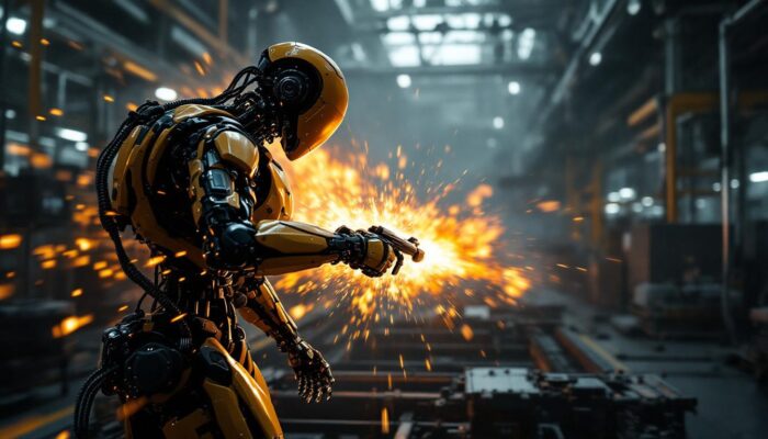 A photograph of a dynamic scene that juxtaposes the intense action of a battlefield 5 gameplay moment with the intricate mechanics of an industrial robot in motion