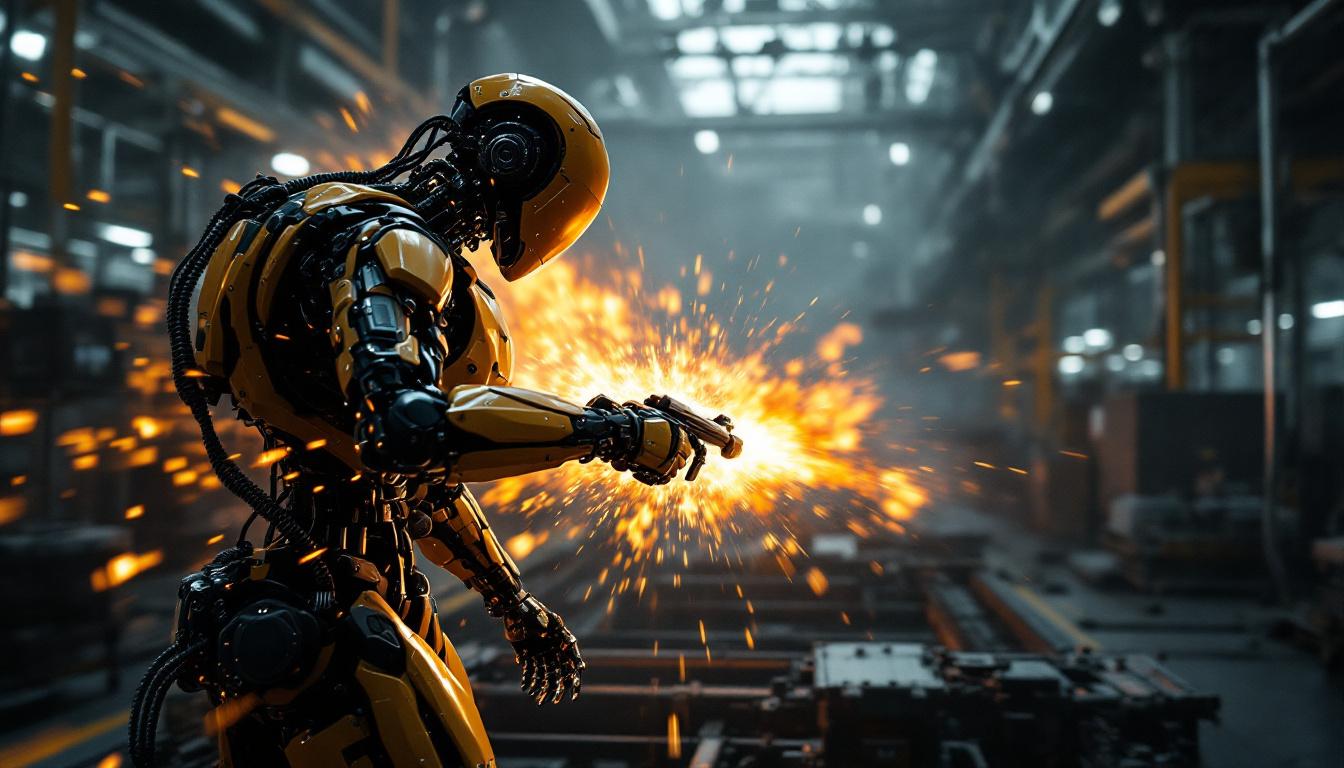 A photograph of a dynamic scene that juxtaposes the intense action of a battlefield 5 gameplay moment with the intricate mechanics of an industrial robot in motion