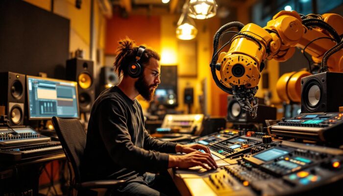 A photograph of a sound engineer at work in a vibrant new york city studio