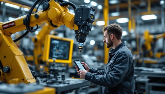 A photograph of a skilled technician using a high-tech scan tool on an industrial robotic arm in a modern workshop setting