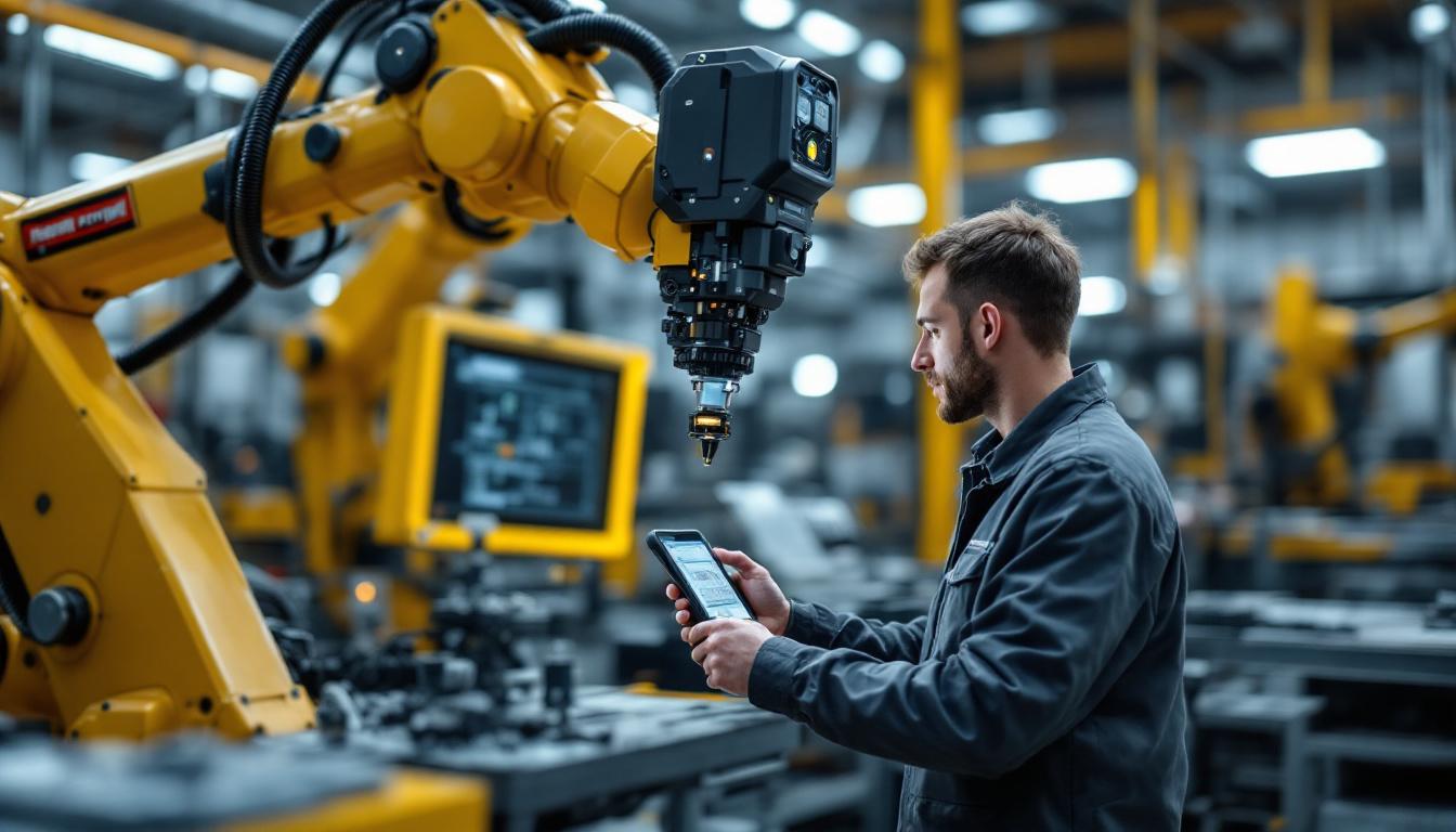 A photograph of a skilled technician using a high-tech scan tool on an industrial robotic arm in a modern workshop setting