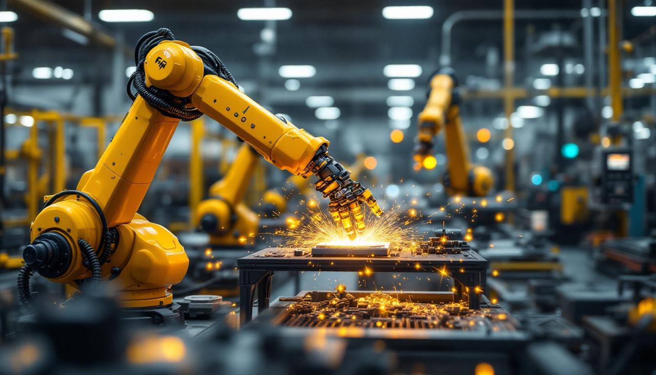 A photograph of a dynamic industrial setting showcasing a robotic arm in action