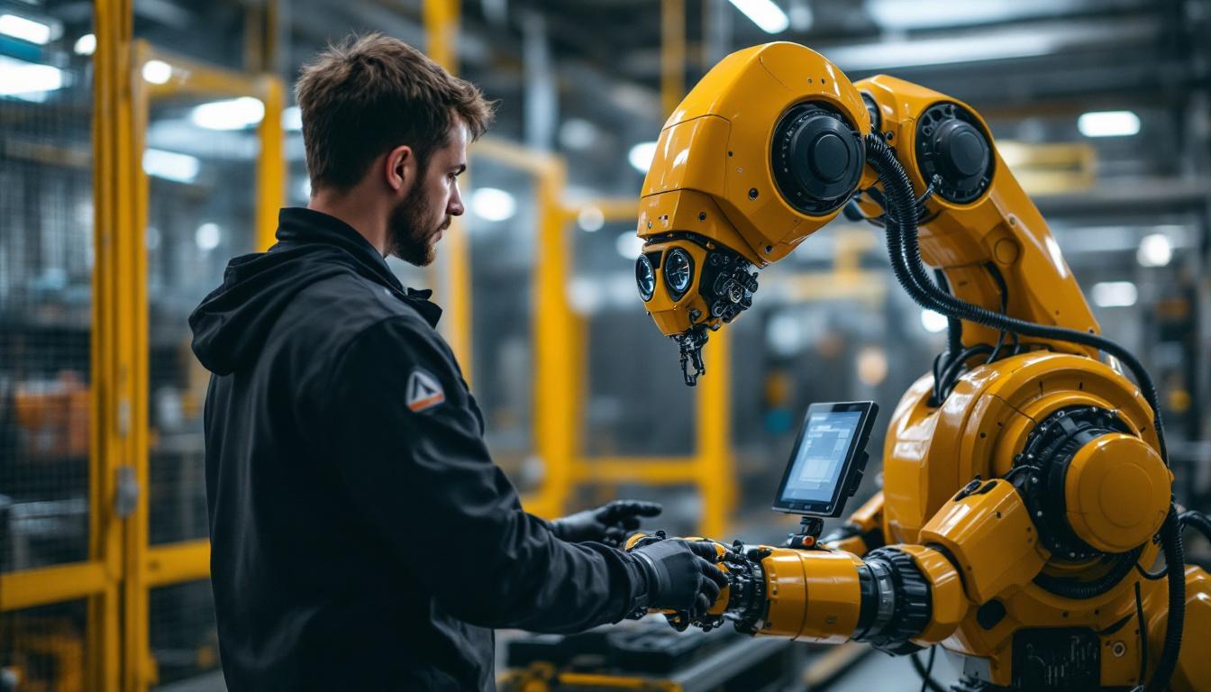 A photograph of a technician operating a sophisticated industrial robot remotely