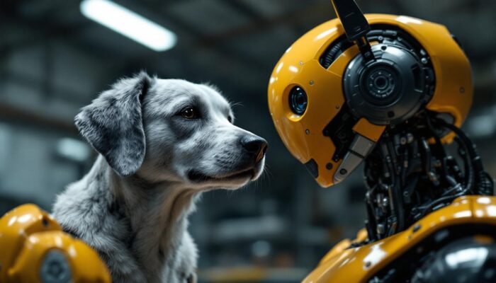 A photograph of a lifelike 3d dog model alongside an industrial robot in a dynamic setting