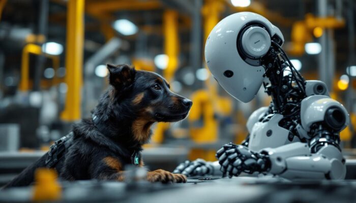 A photograph of a dynamic scene showcasing a trained service dog working alongside an industrial robot in a collaborative environment
