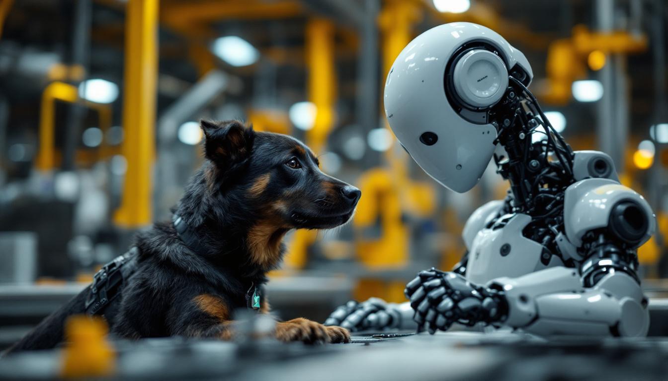 A photograph of a dynamic scene showcasing a trained service dog working alongside an industrial robot in a collaborative environment