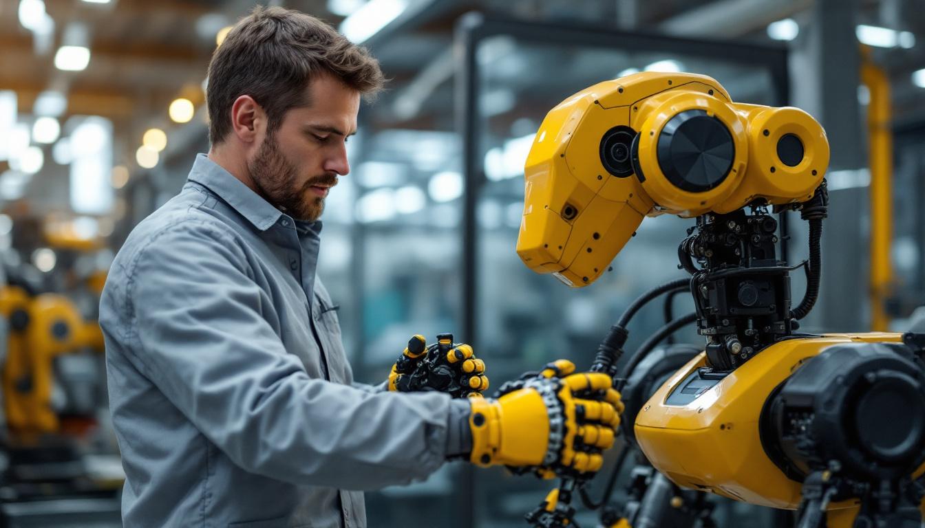 A photograph of capture a photograph of william van dort interacting with an industrial robot in a modern manufacturing setting