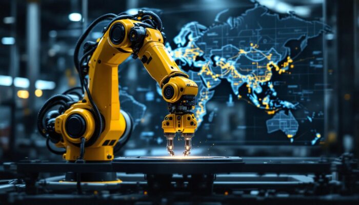 A photograph of a modern industrial robotic arm in action