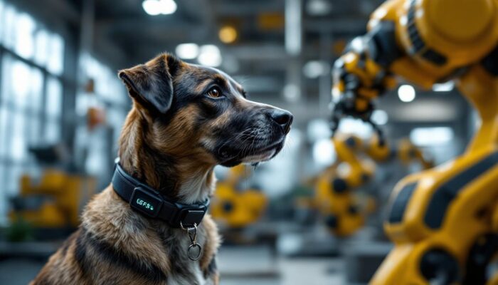 A photograph of a dog wearing a gps collar while interacting with an industrial robotic arm in a modern