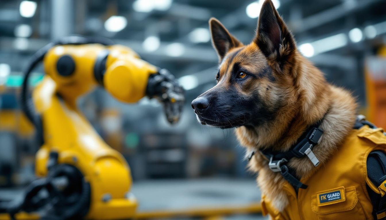 A photograph of a trained guard dog in action alongside an industrial robotic arm