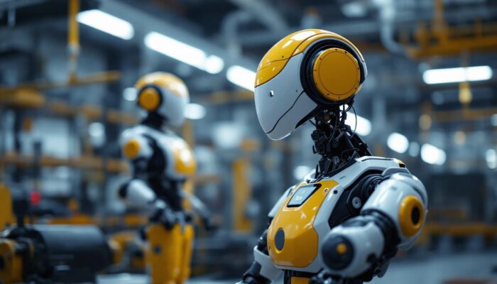 A photograph of a dogo robot in action within an industrial setting