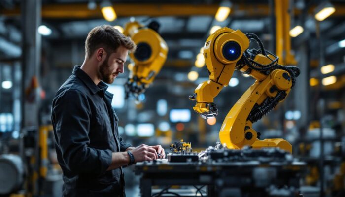 A photograph of a dynamic scene featuring an embedded engineer working alongside an industrial robot