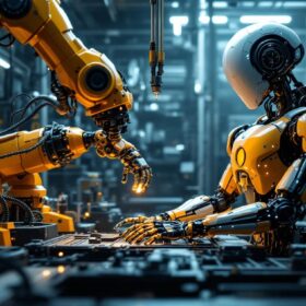 A photograph of a futuristic industrial setting where a robotic arm is assembling another robot