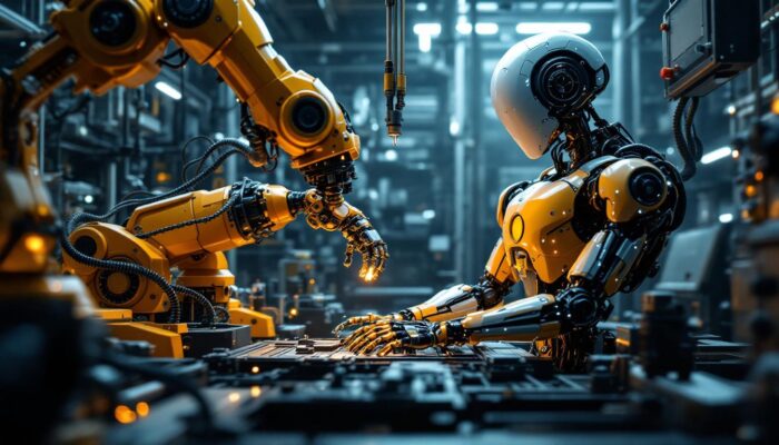 A photograph of a futuristic industrial setting where a robotic arm is assembling another robot
