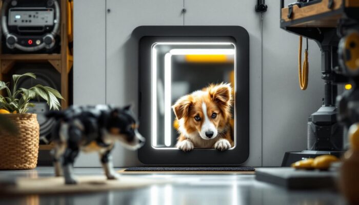 A photograph of a high-tech dog door in action