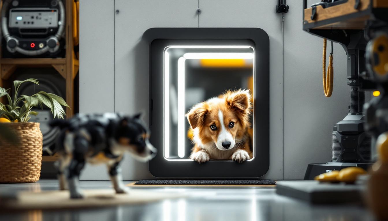A photograph of a high-tech dog door in action