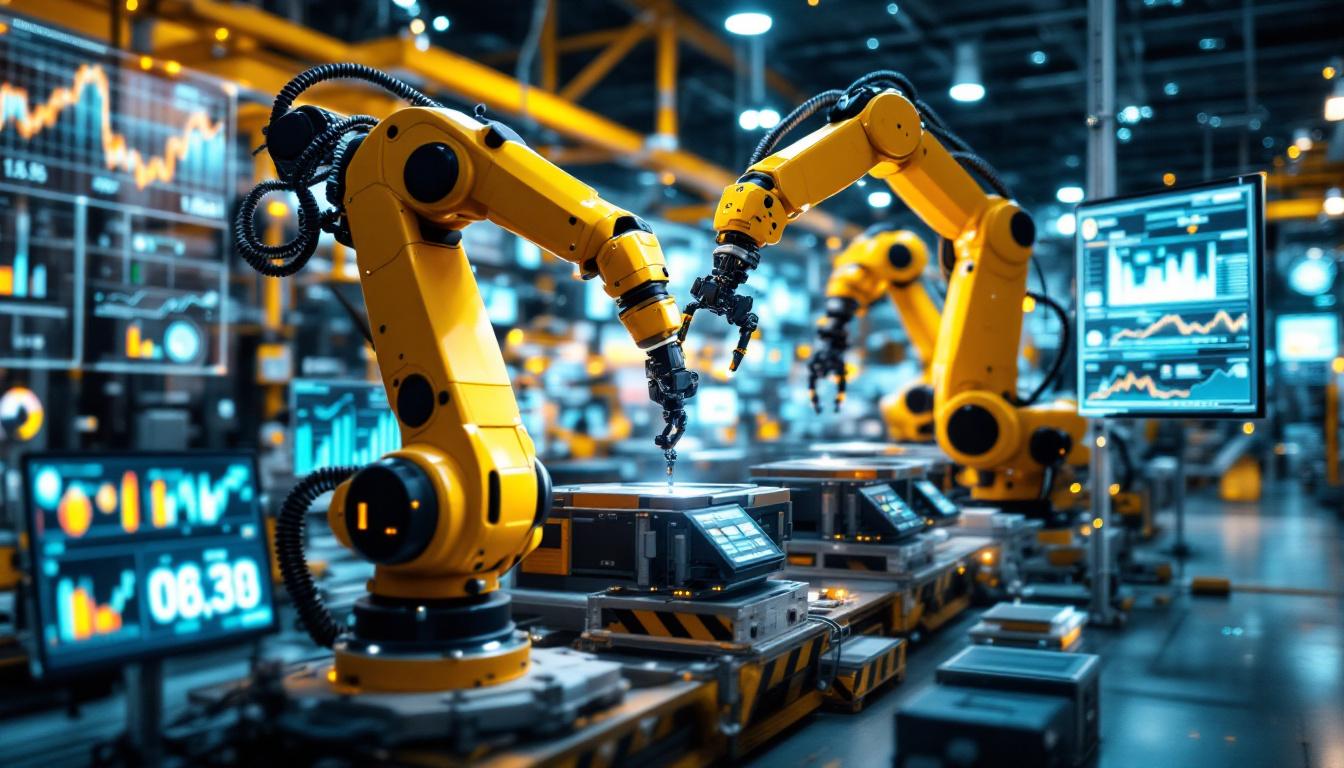 A photograph of a dynamic industrial setting featuring advanced robotic arms in action