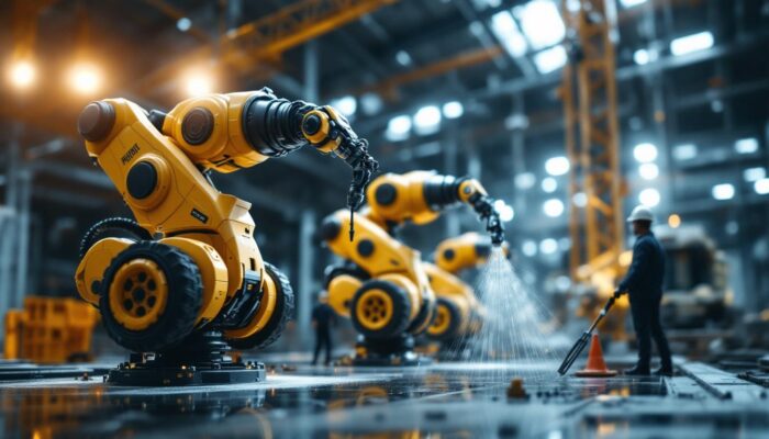 A photograph of capture a photograph of a hyundai engineering & construction project site featuring industrial robots in action