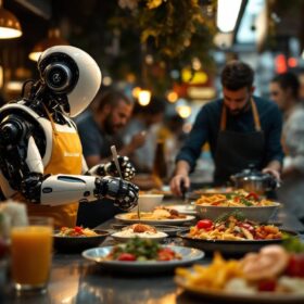 A photograph of a bustling urban food scene featuring boustan's vibrant lebanese dishes alongside a sleek industrial robot in action