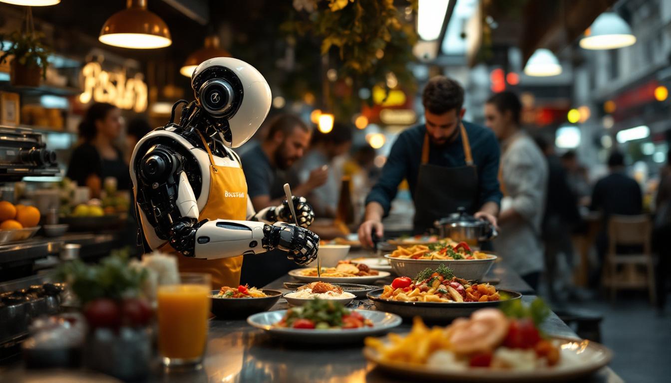 A photograph of a bustling urban food scene featuring boustan's vibrant lebanese dishes alongside a sleek industrial robot in action