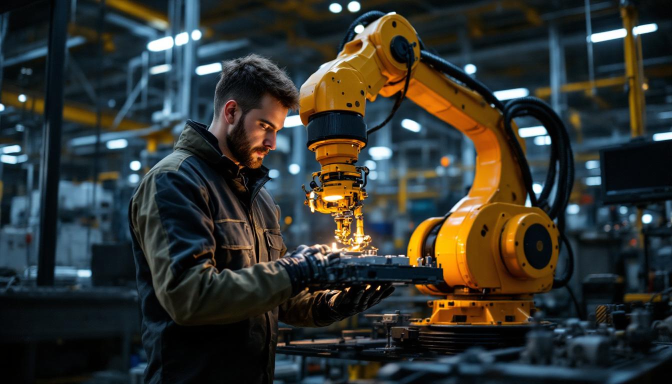 A photograph of a skilled technician operating an industrial robotic arm in a modern fabrication facility