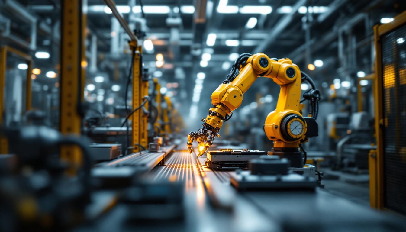 A photograph of a dynamic industrial setting showcasing a robotic arm in action