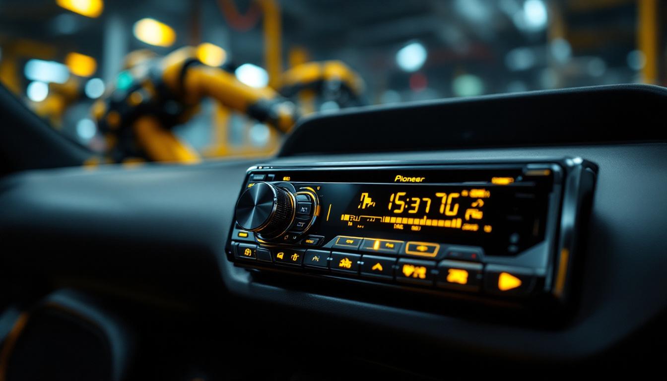 A photograph of a sleek pioneer car stereo prominently displayed in a modern vehicle interior