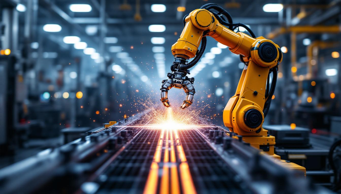 A photograph of a dynamic industrial robotic arm in action