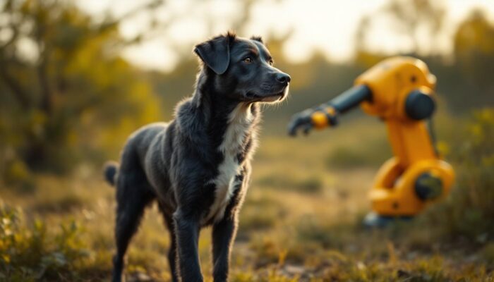 A photograph of a dog standing still in a serene outdoor setting