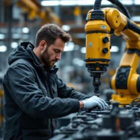 A photograph of a skilled electrical engineer working on an industrial robotic arm in a bustling nyc factory setting