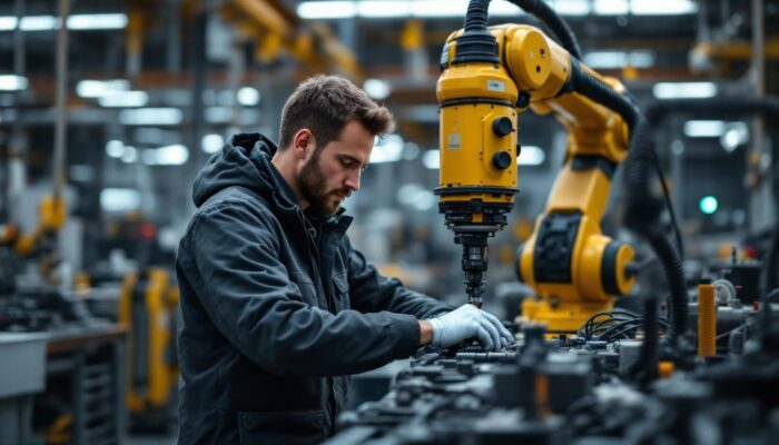 A photograph of a skilled electrical engineer working on an industrial robotic arm in a bustling nyc factory setting