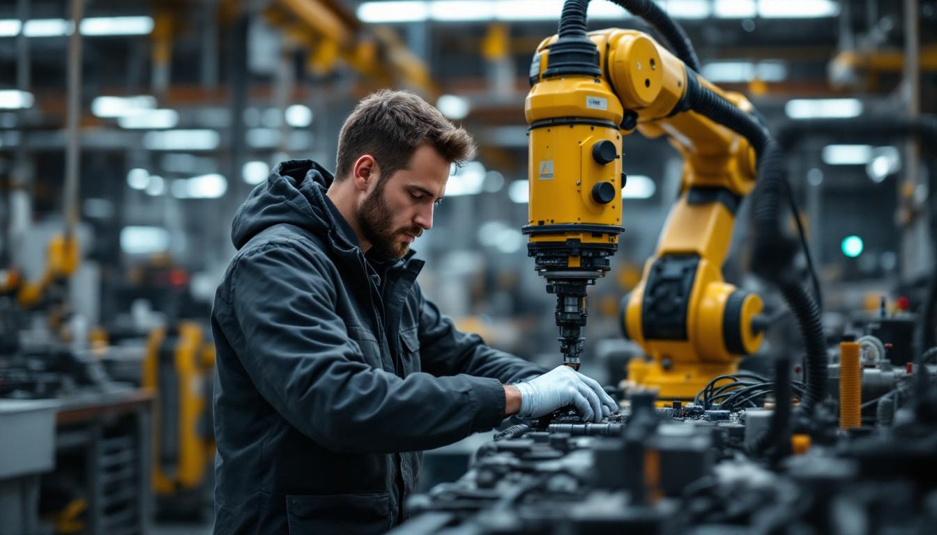 A photograph of a skilled electrical engineer working on an industrial robotic arm in a bustling nyc factory setting