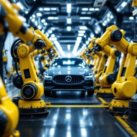 A photograph of a bustling car inspection facility with industrial robots in action