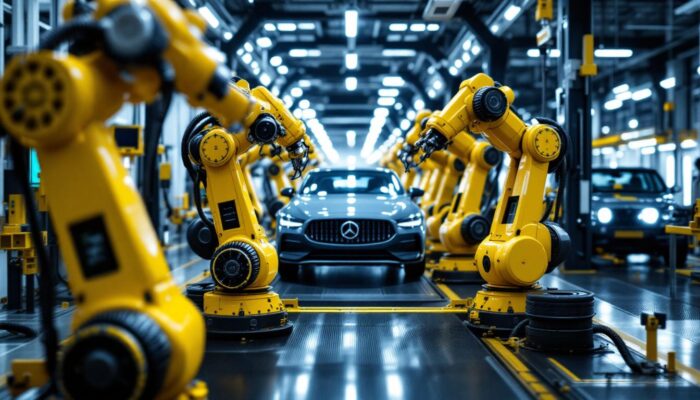 A photograph of a bustling car inspection facility with industrial robots in action