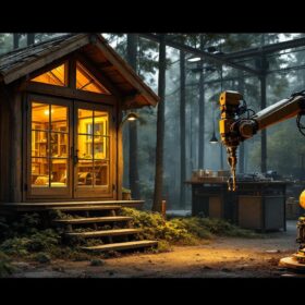 A photograph of a rustic deer stand in a serene forest setting