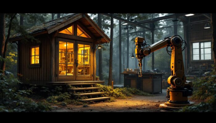 A photograph of a rustic deer stand in a serene forest setting