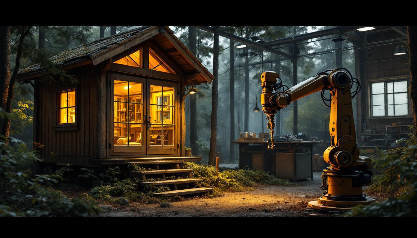 A photograph of a rustic deer stand in a serene forest setting