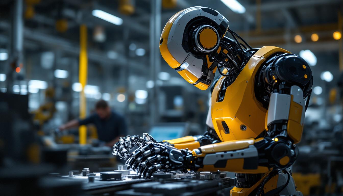 A photograph of a modern industrial robot in action within a manufacturing setting