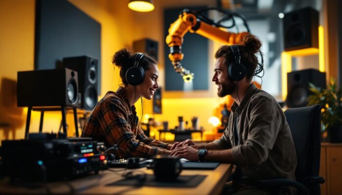 A photograph of capture a photograph of a remote audio engineer working in a modern home studio