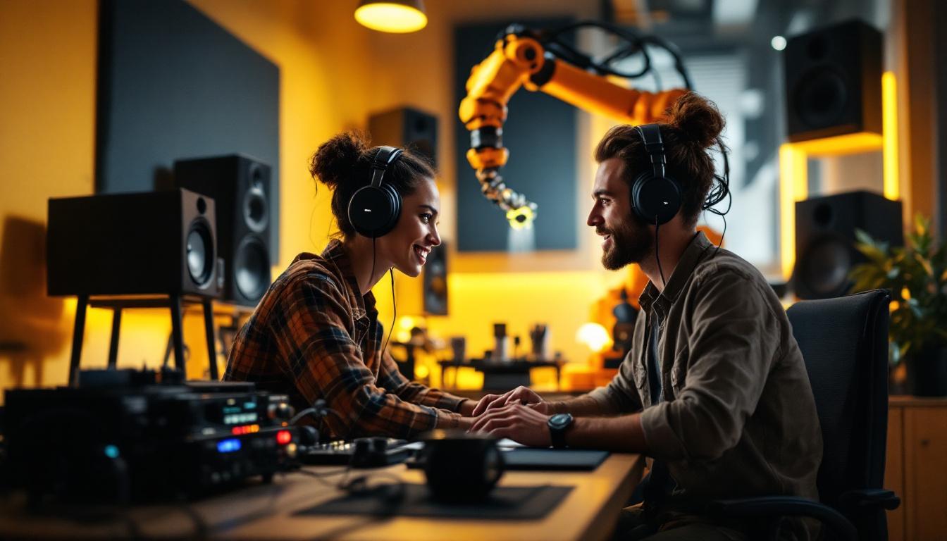 A photograph of capture a photograph of a remote audio engineer working in a modern home studio