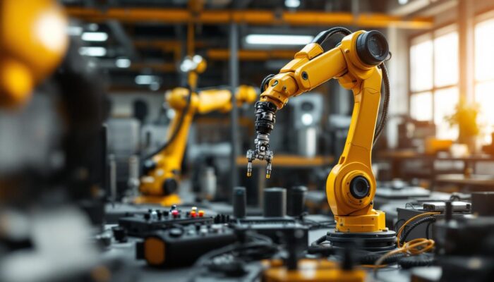 A photograph of a dynamic workspace where acoustic engineering and industrial robotics intersect