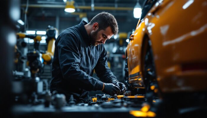 A photograph of a skilled auto repair technician working on a vehicle in a well-equipped garage