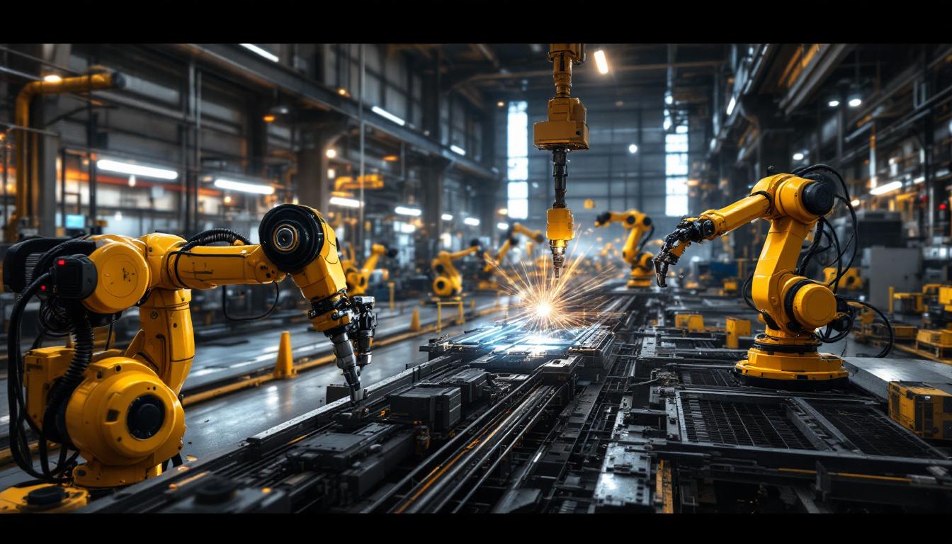 A photograph of capture a photograph of a bustling industrial landscape in boston