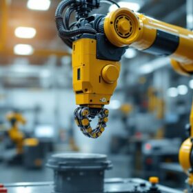 A photograph of a sleek industrial robotic arm in action within a massachusetts-based manufacturing facility